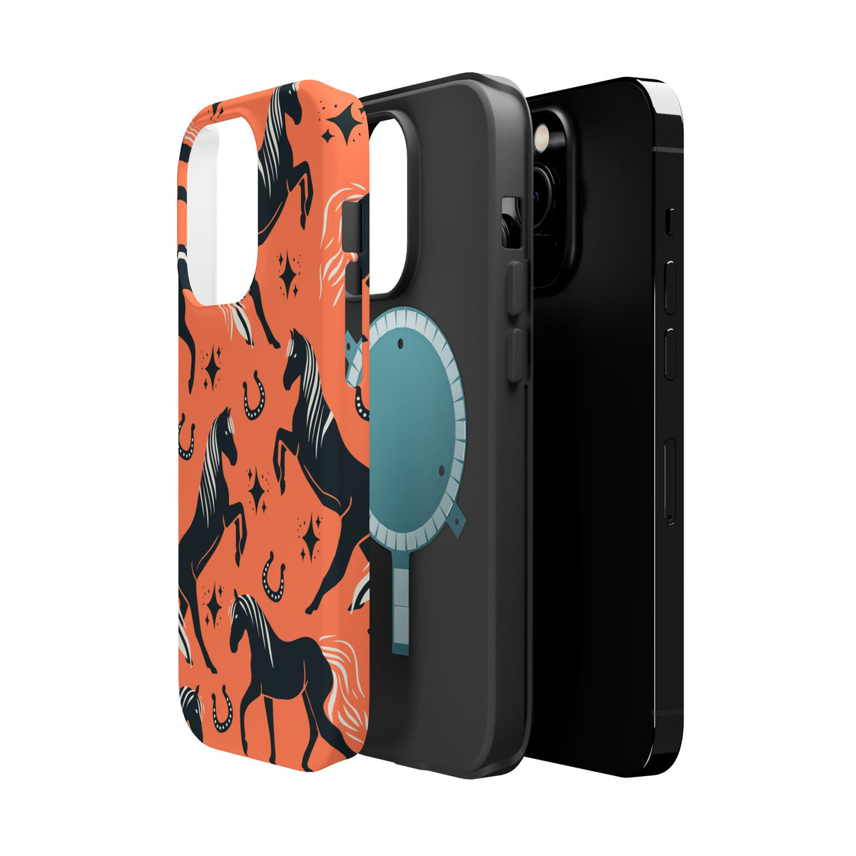 Horse Pattern Magnetic Impact-Resistant Phone Case — Black Horses & Horseshoes on Coral