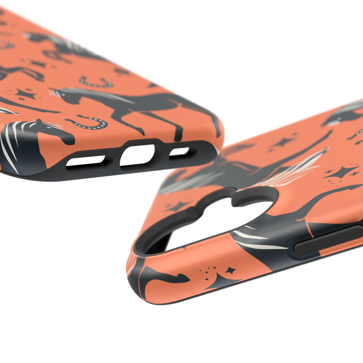 Horse Pattern Magnetic Impact-Resistant Phone Case — Black Horses & Horseshoes on Coral