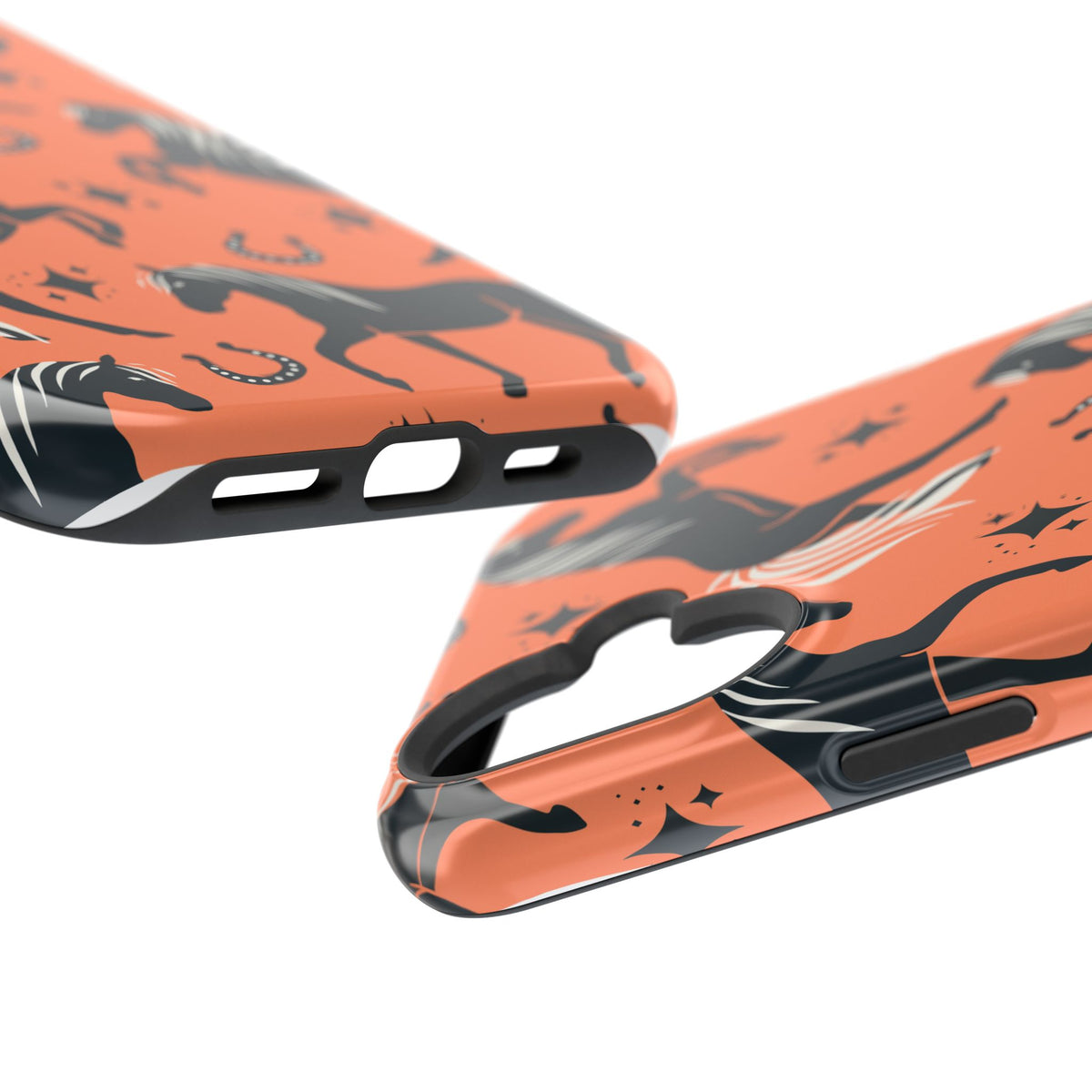 Horse Pattern Magnetic Impact-Resistant Phone Case — Black Horses & Horseshoes on Coral