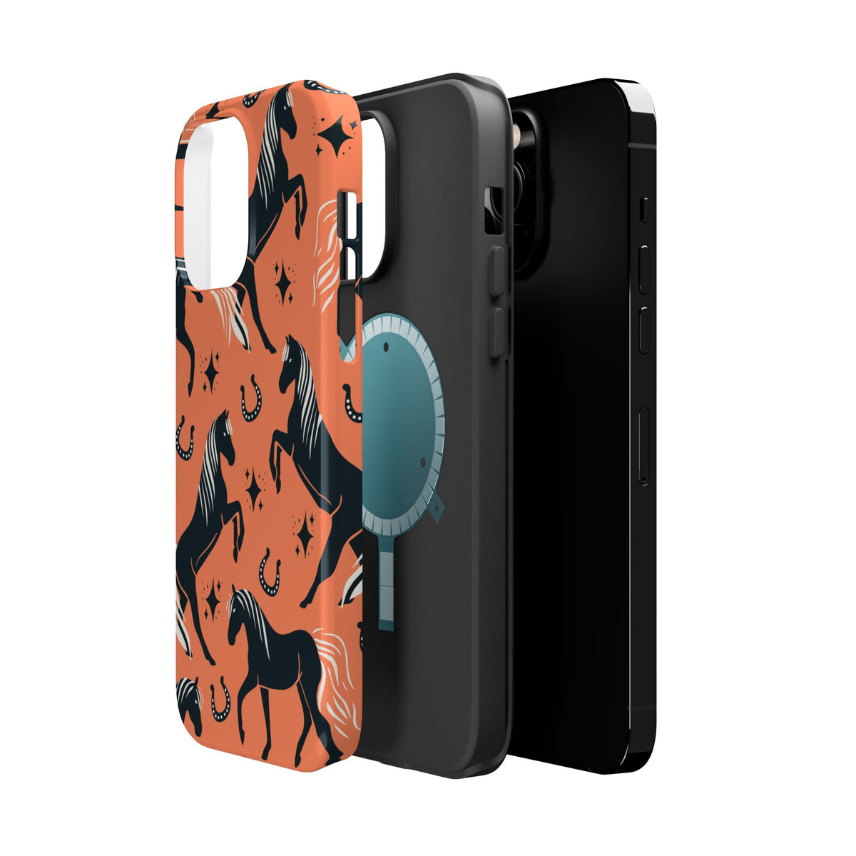 Horse Pattern Magnetic Impact-Resistant Phone Case — Black Horses & Horseshoes on Coral