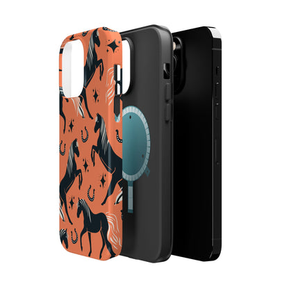 Horse Pattern Magnetic Impact-Resistant Phone Case — Black Horses & Horseshoes on Coral