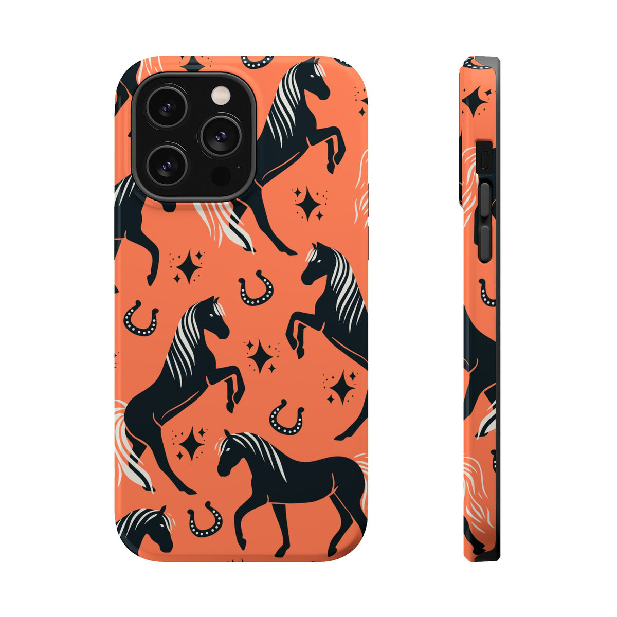 Horse Pattern Magnetic Impact-Resistant Phone Case — Black Horses & Horseshoes on Coral