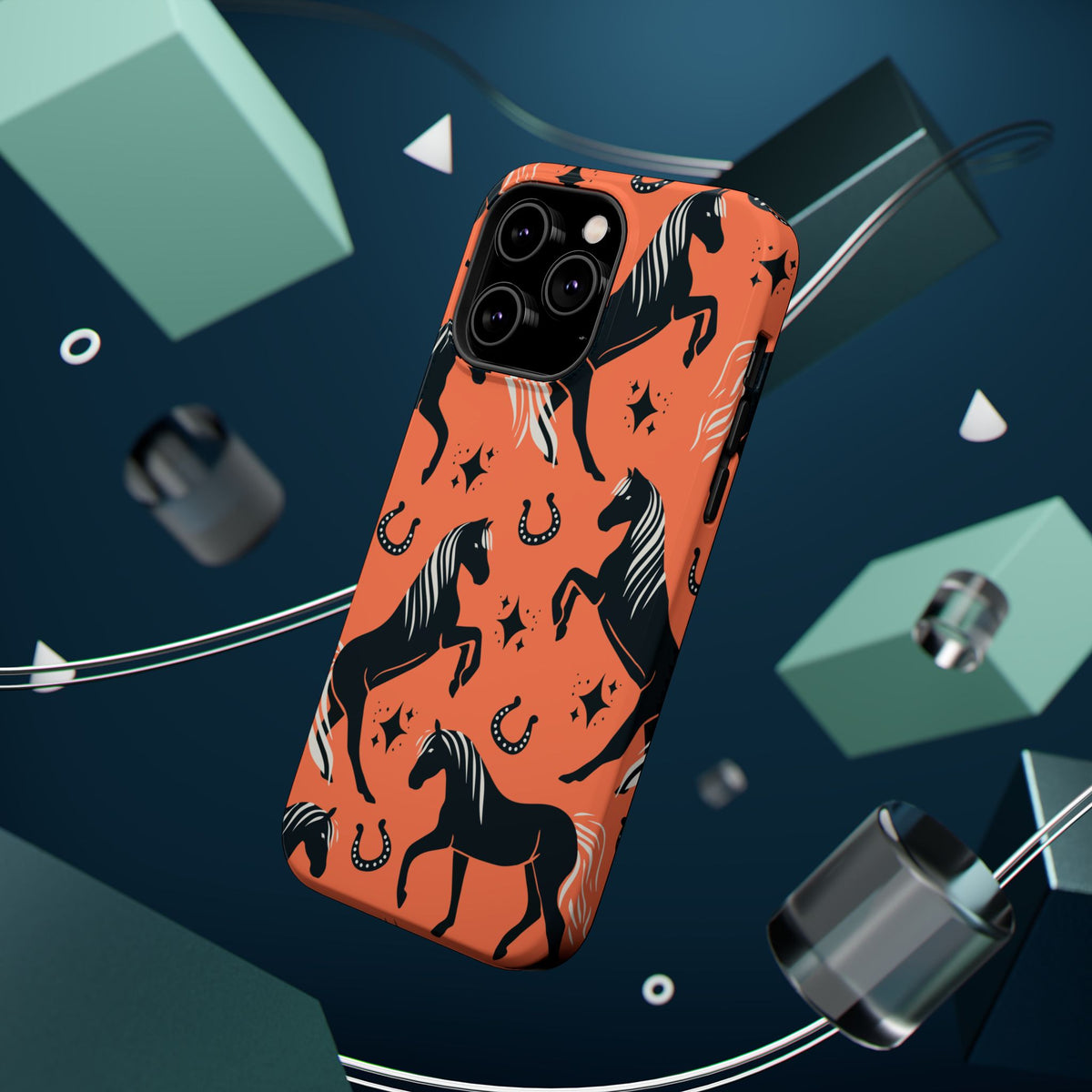 Horse Pattern Magnetic Impact-Resistant Phone Case — Black Horses & Horseshoes on Coral