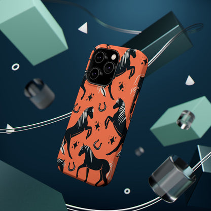 Horse Pattern Magnetic Impact-Resistant Phone Case — Black Horses & Horseshoes on Coral
