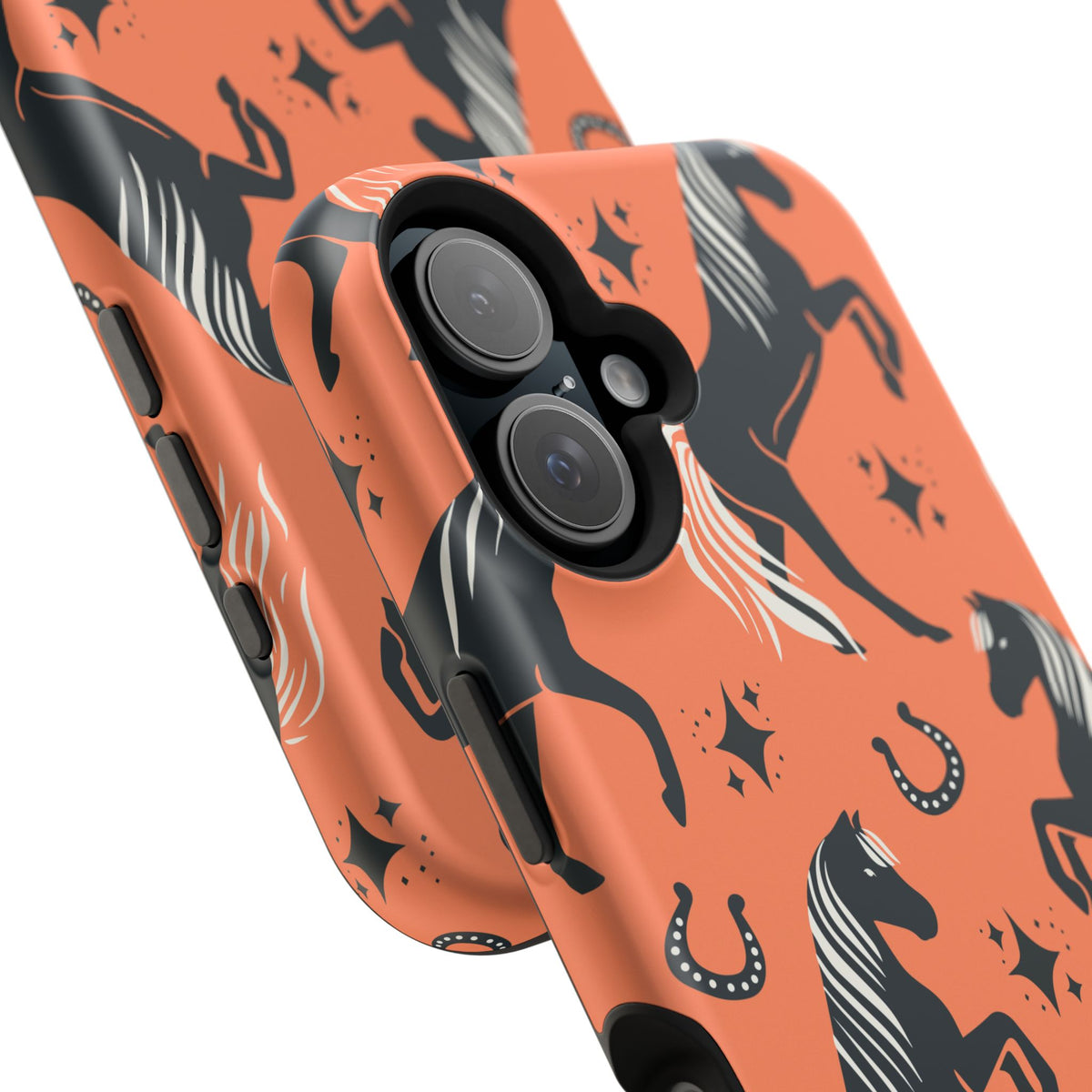 Horse Pattern Magnetic Impact-Resistant Phone Case — Black Horses & Horseshoes on Coral