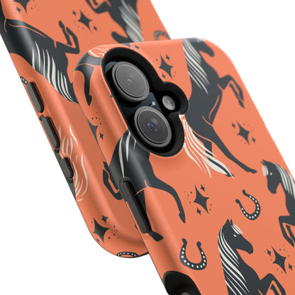 Horse Pattern Magnetic Impact-Resistant Phone Case — Black Horses & Horseshoes on Coral