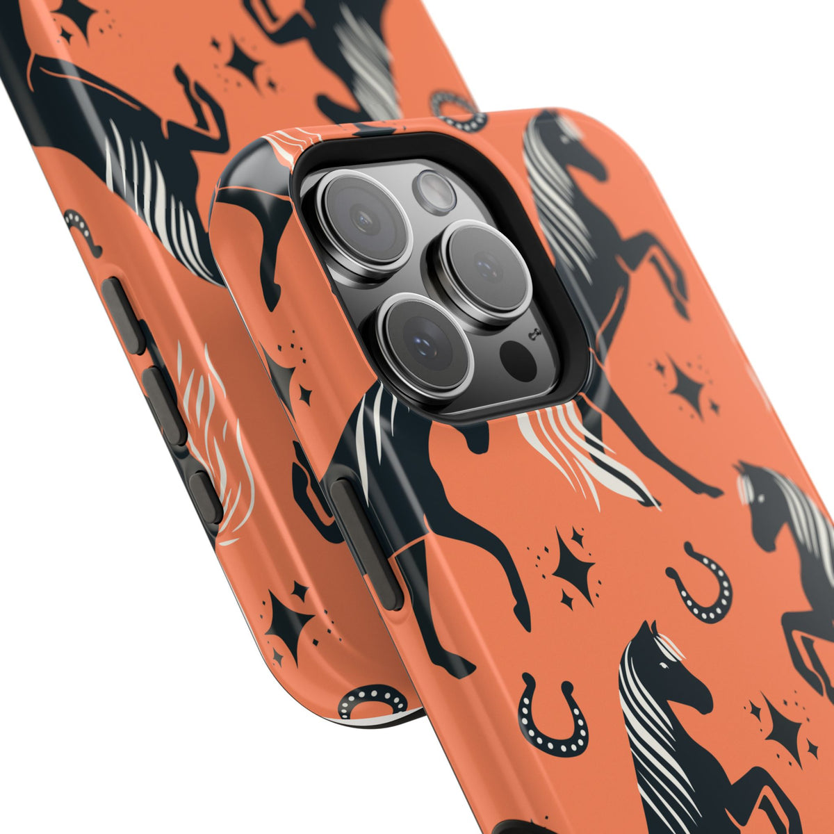 Horse Pattern Magnetic Impact-Resistant Phone Case — Black Horses & Horseshoes on Coral
