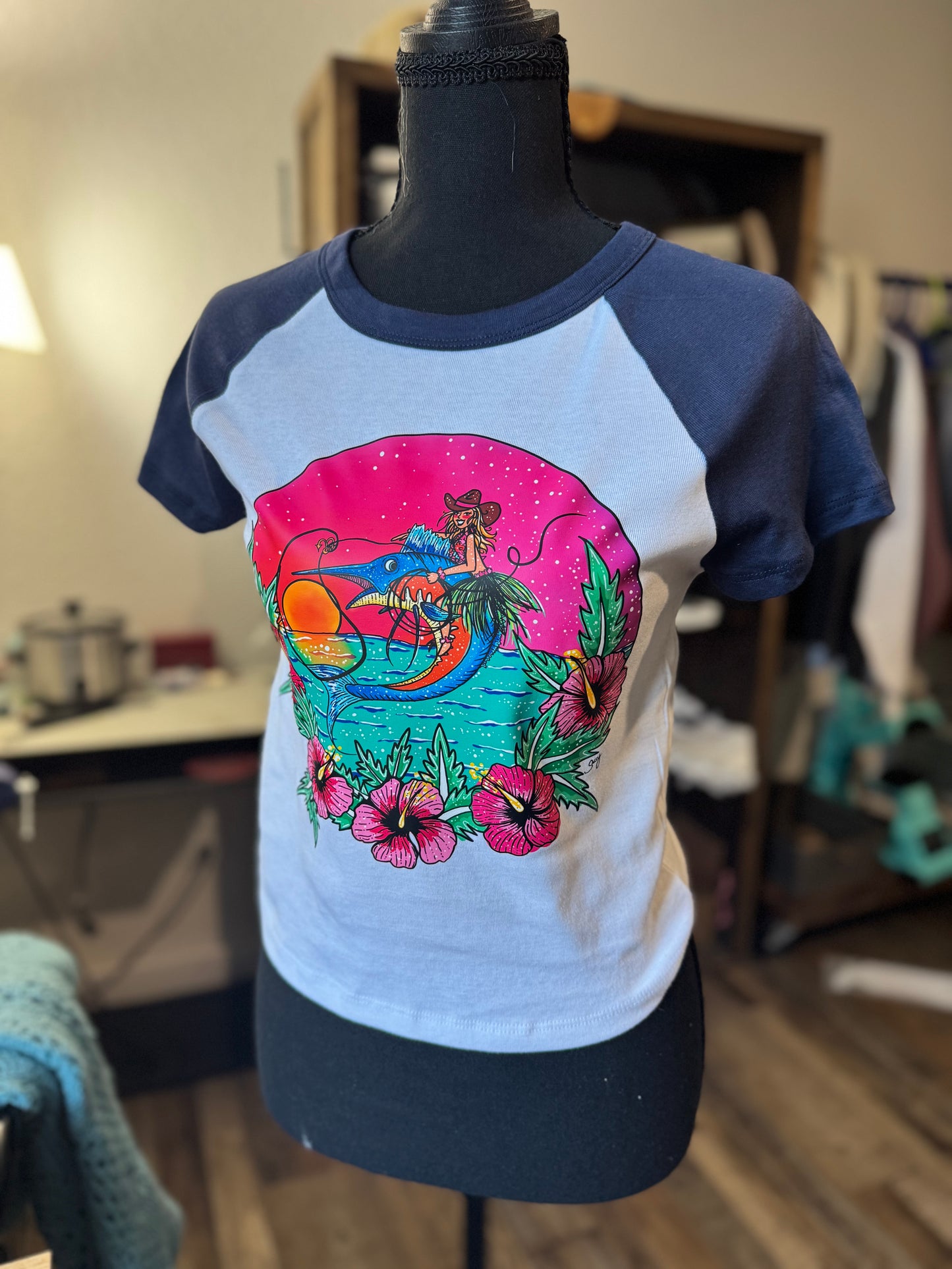 Swordfish Seniorita Baby Tee (White/Navy)